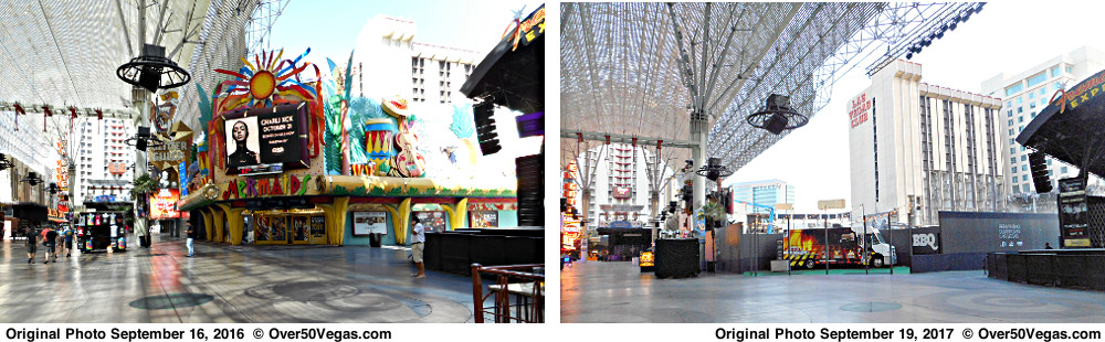 View with the closed Mermaids Casino in 2016 and a year later Mermaids is gone
but the Las Vegas Club hotel tower is still standing. 